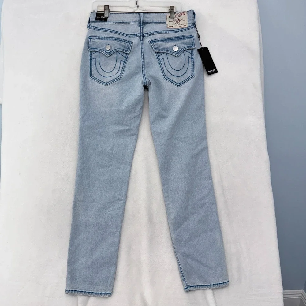 True Religion Geno Jeans Mens 30x31 Blue Big T Flap Relaxed Slim Stretch